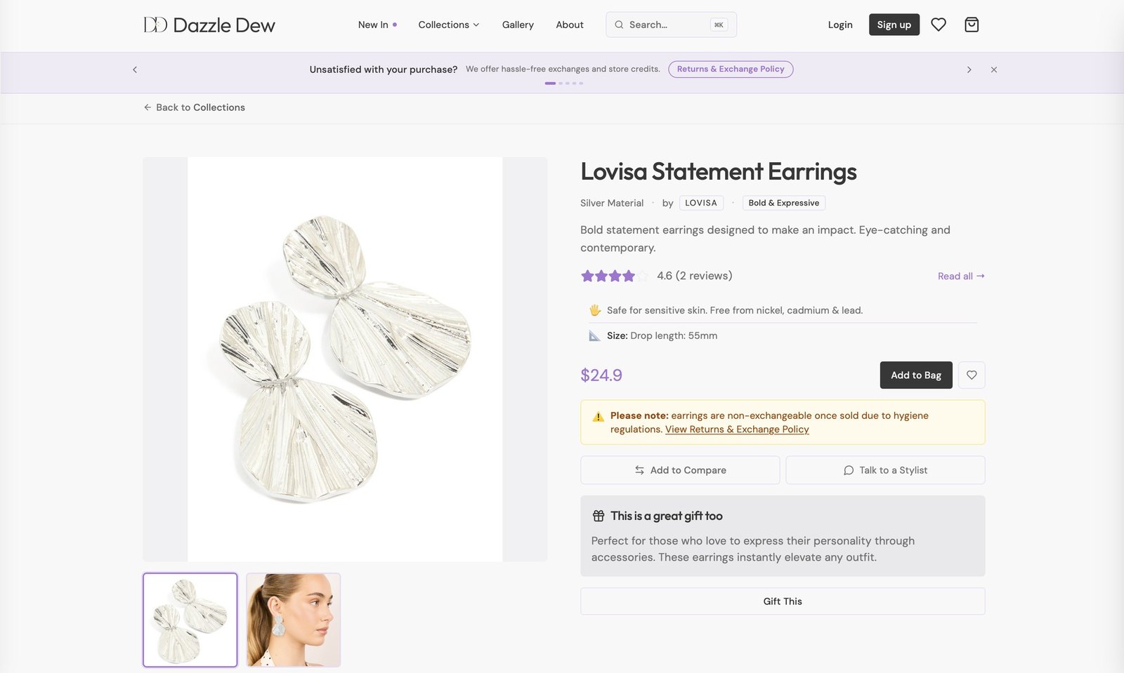 After: returns summarised on the product page