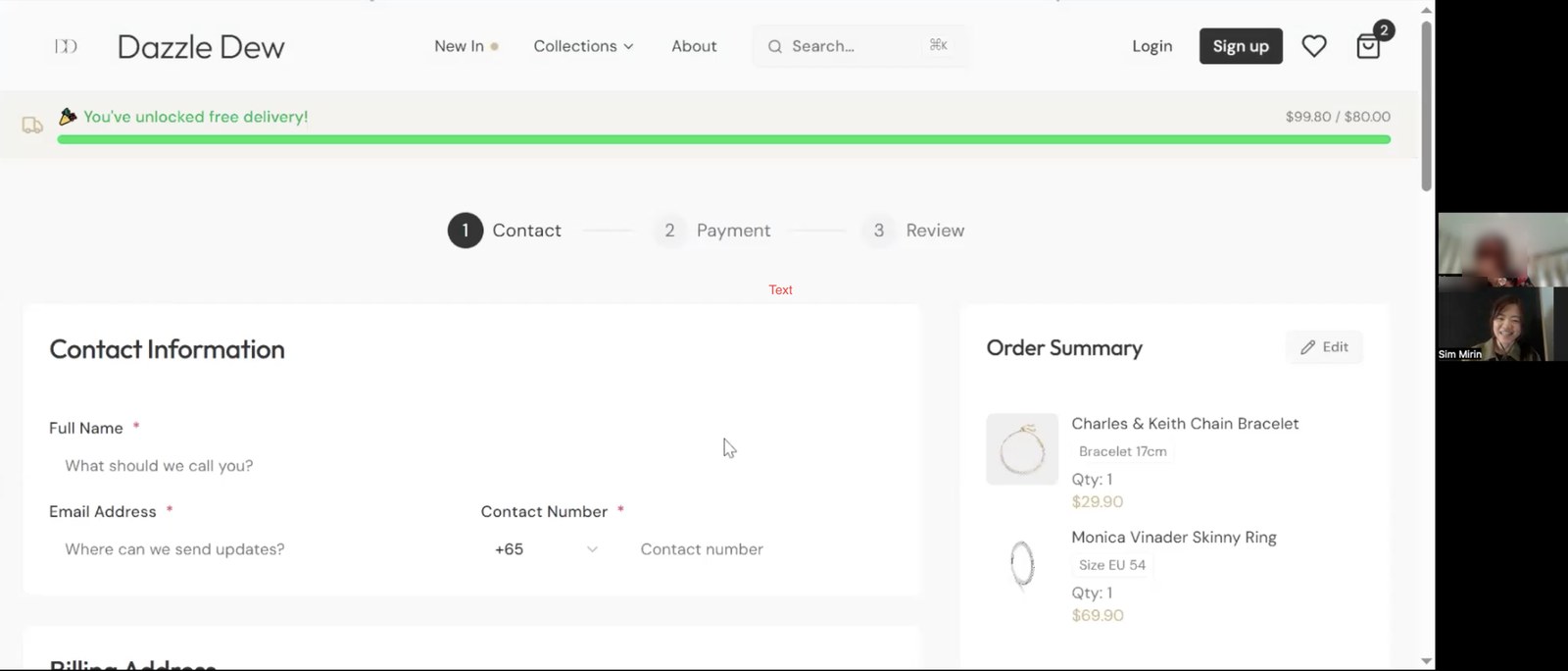 Remote usability session showing a participant working through the Dazzle Dew checkout