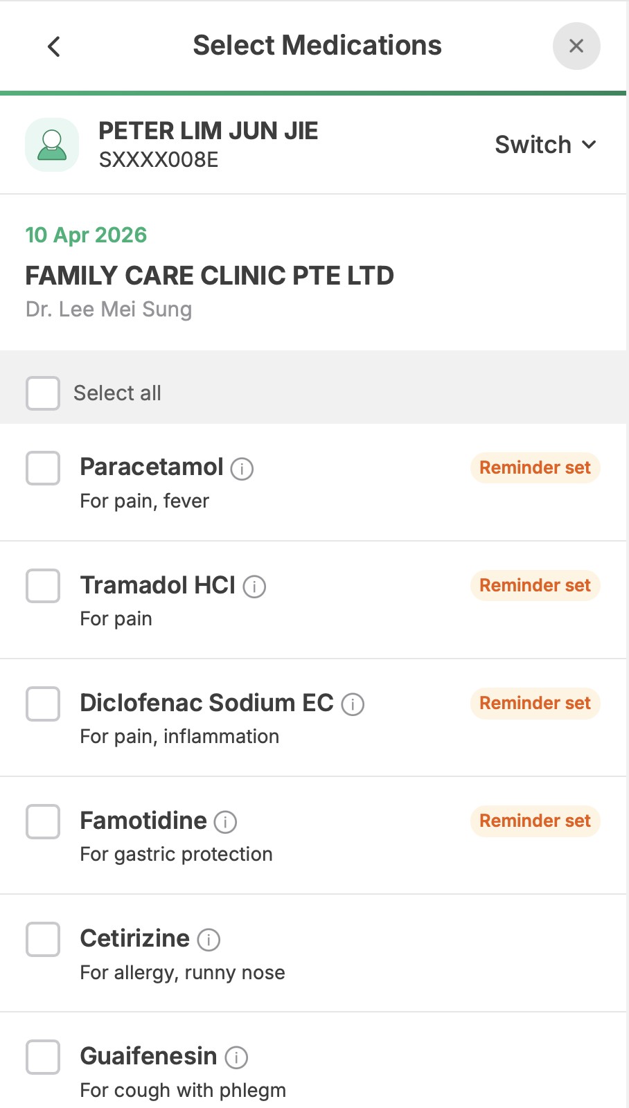 Select medications with plain-language descriptions and reminders set