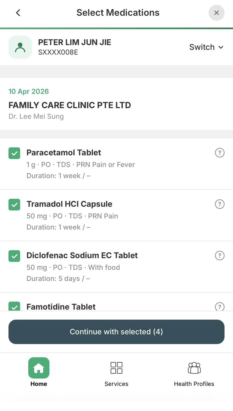 Select medications screen with raw abbreviations like PO and TDS