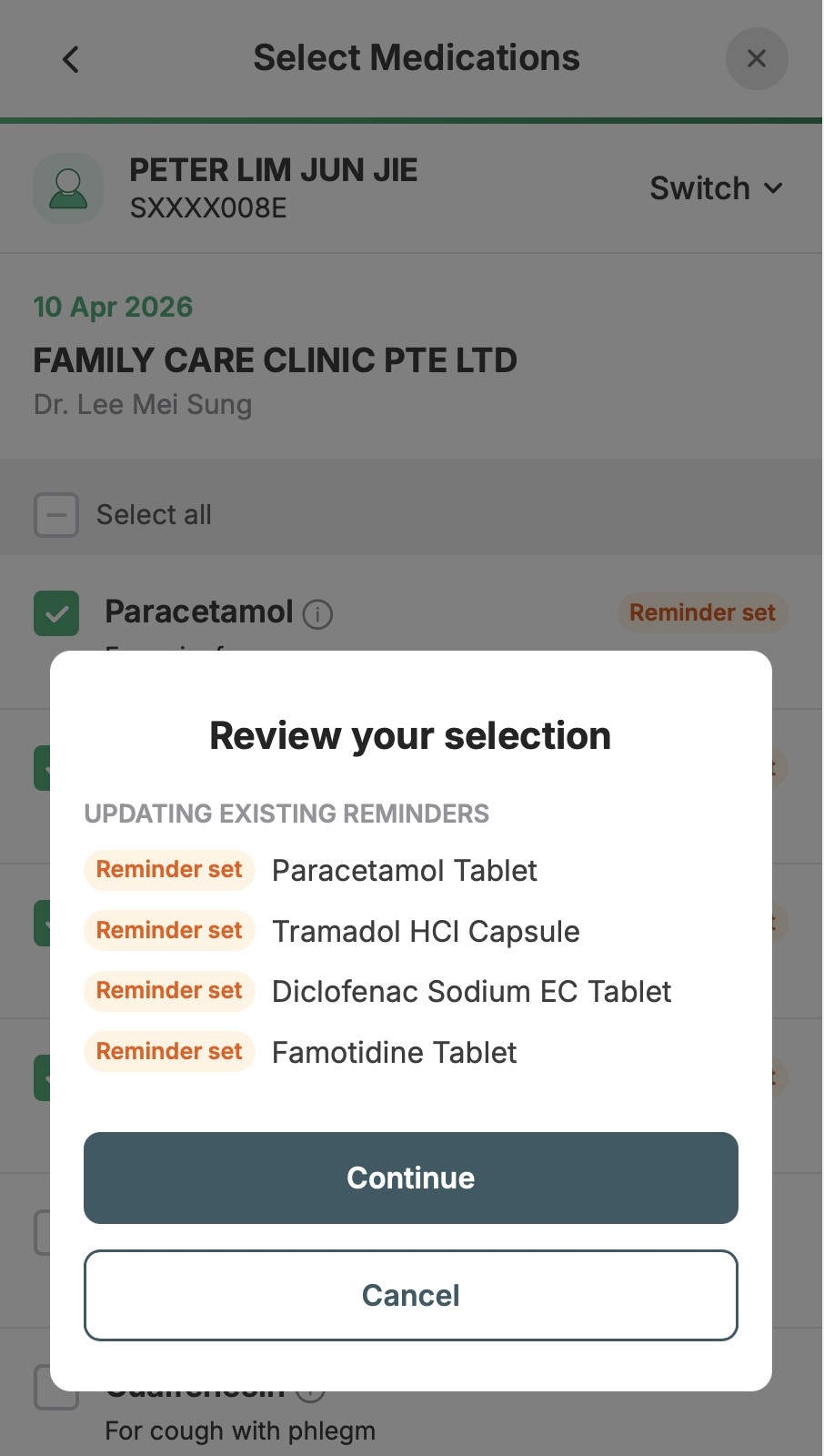 Review your selection before setting reminders