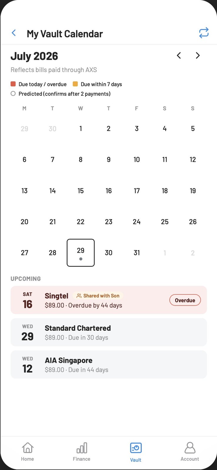 Vault calendar and reminders screen