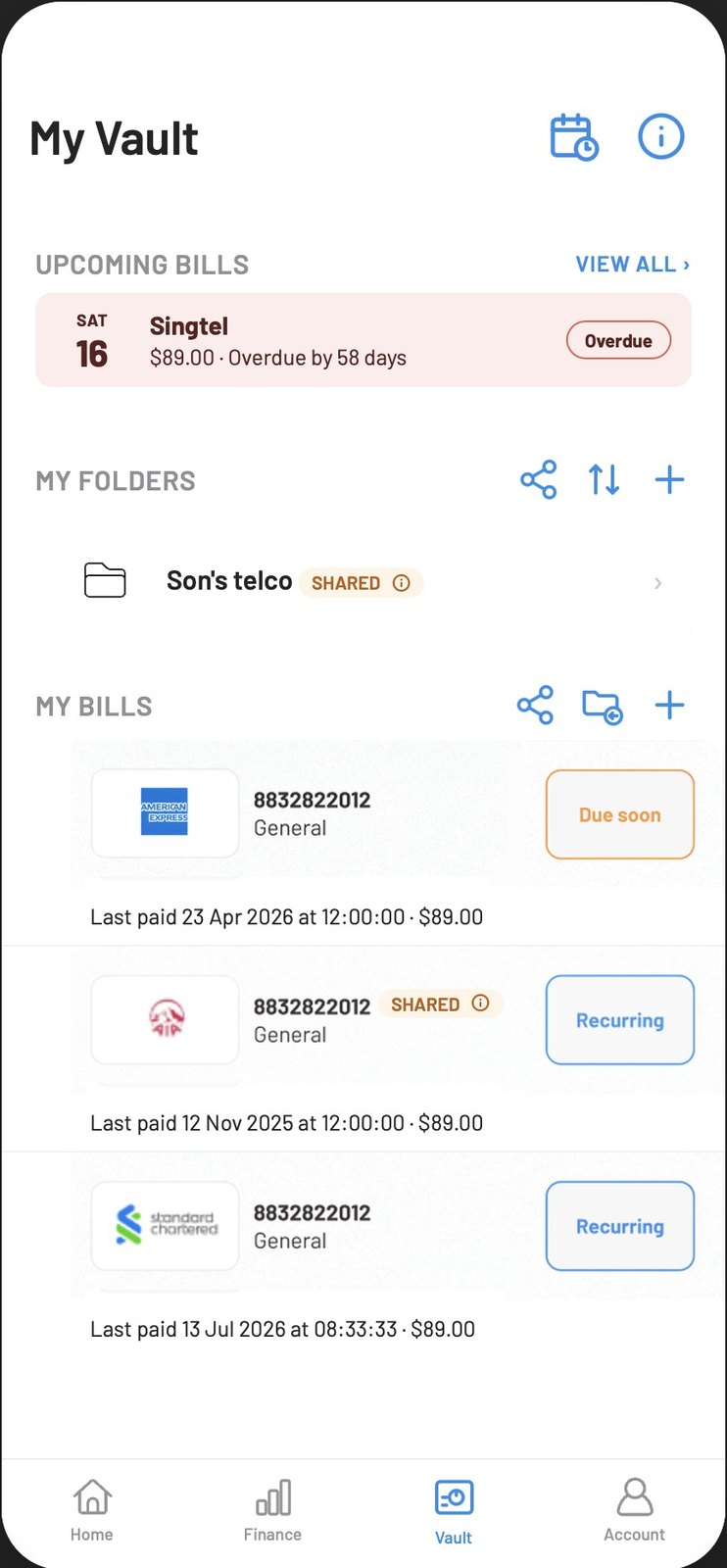 Vault shared bill and handover screen