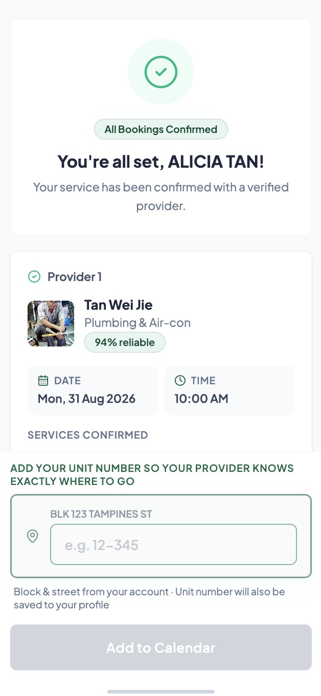Booking confirmed with verified provider